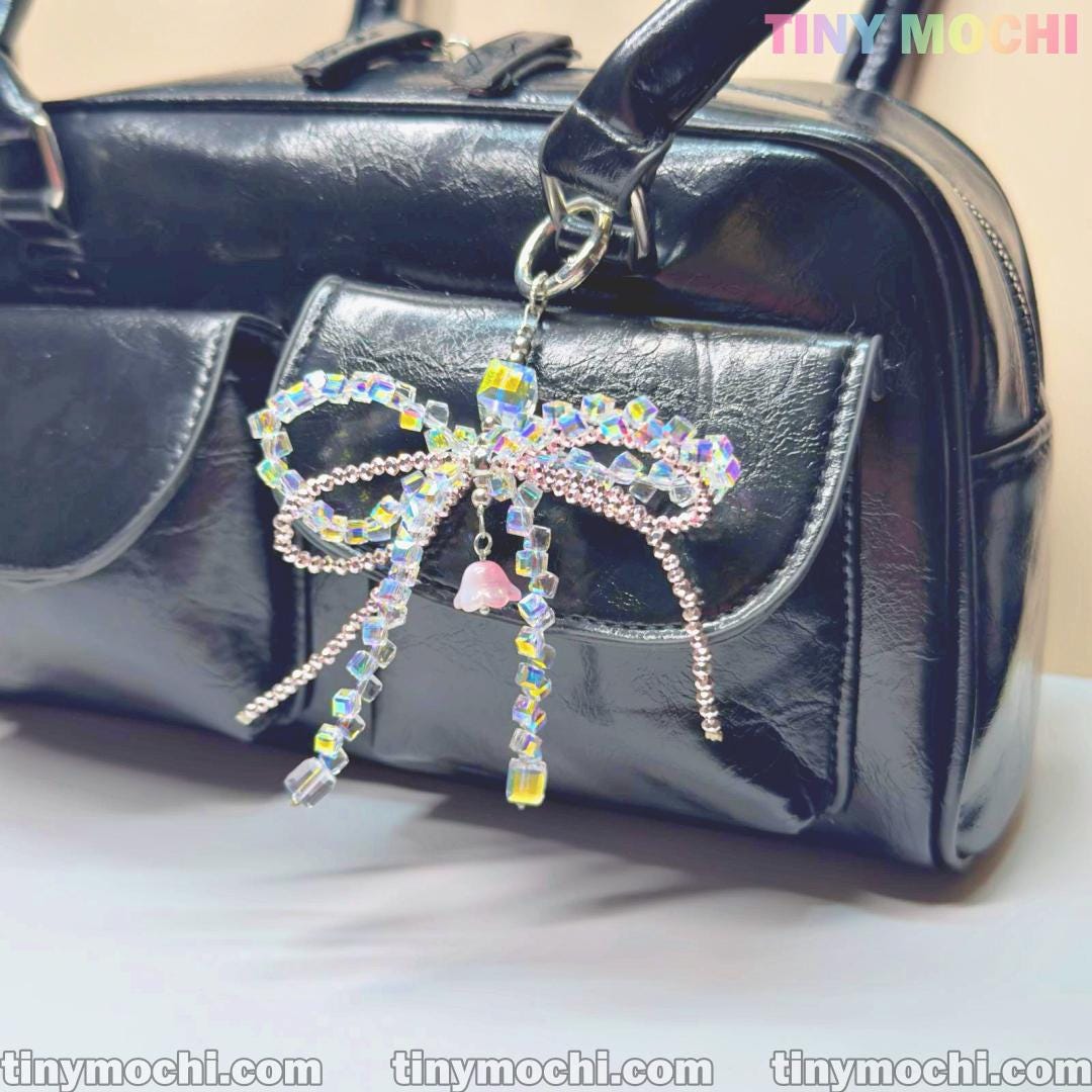 Iridescent Crystal Bow Charm – Elegant Bag & Phone Accessory - Tiny Mochi