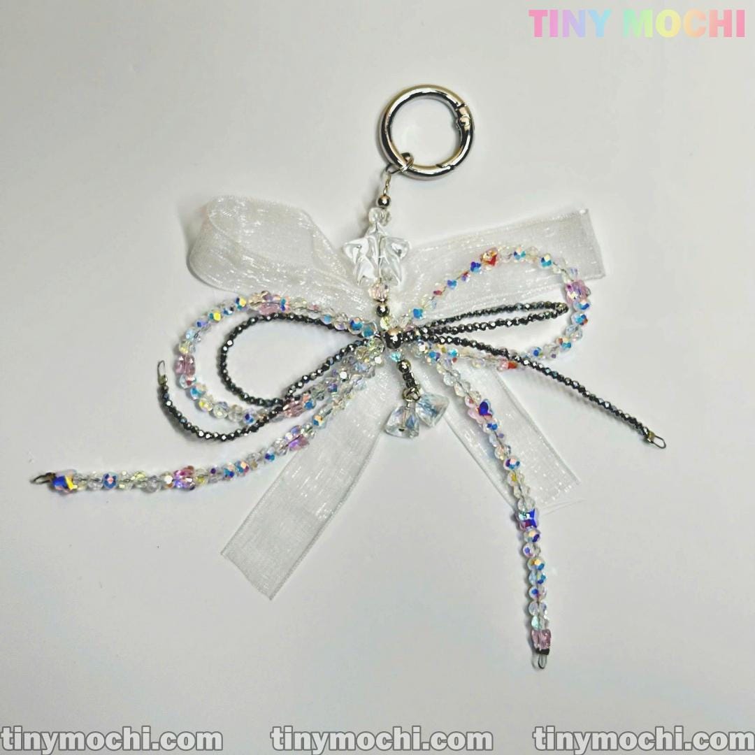 Iridescent Beaded Bow Charm – Handmade Fairycore & Coquette Aesthetic Keychain - Tiny Mochi