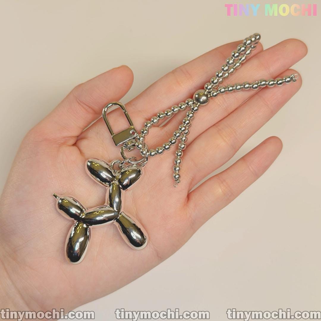 Silver Balloon Dog Keychain with Bead Bow | Cute Bag Charm & Purse Accessory - Tiny Mochi