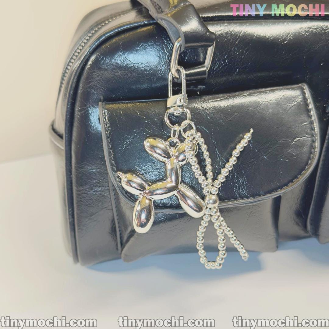 Silver Balloon Dog Keychain with Bead Bow | Cute Bag Charm & Purse Accessory - Tiny Mochi