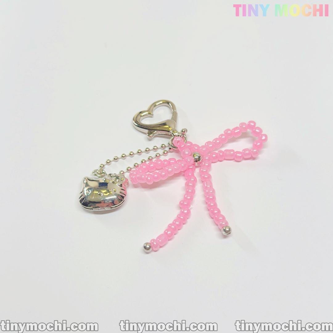 Pink Beaded Bow & Kitty Charm—Cute Keychain Bag Charm for Coquette Aesthetic - Tiny Mochi