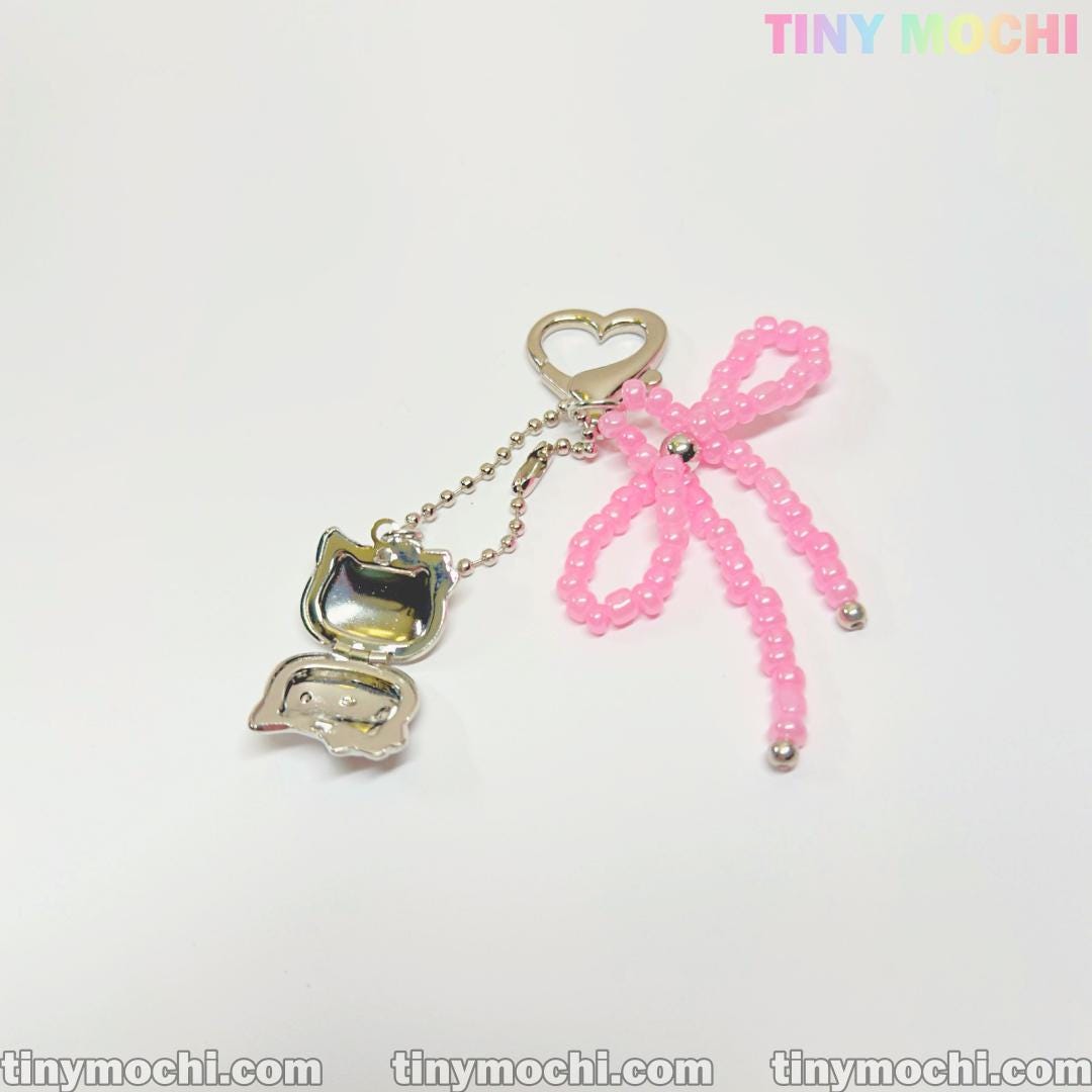 Pink Beaded Bow & Kitty Charm—Cute Keychain Bag Charm for Coquette Aesthetic - Tiny Mochi