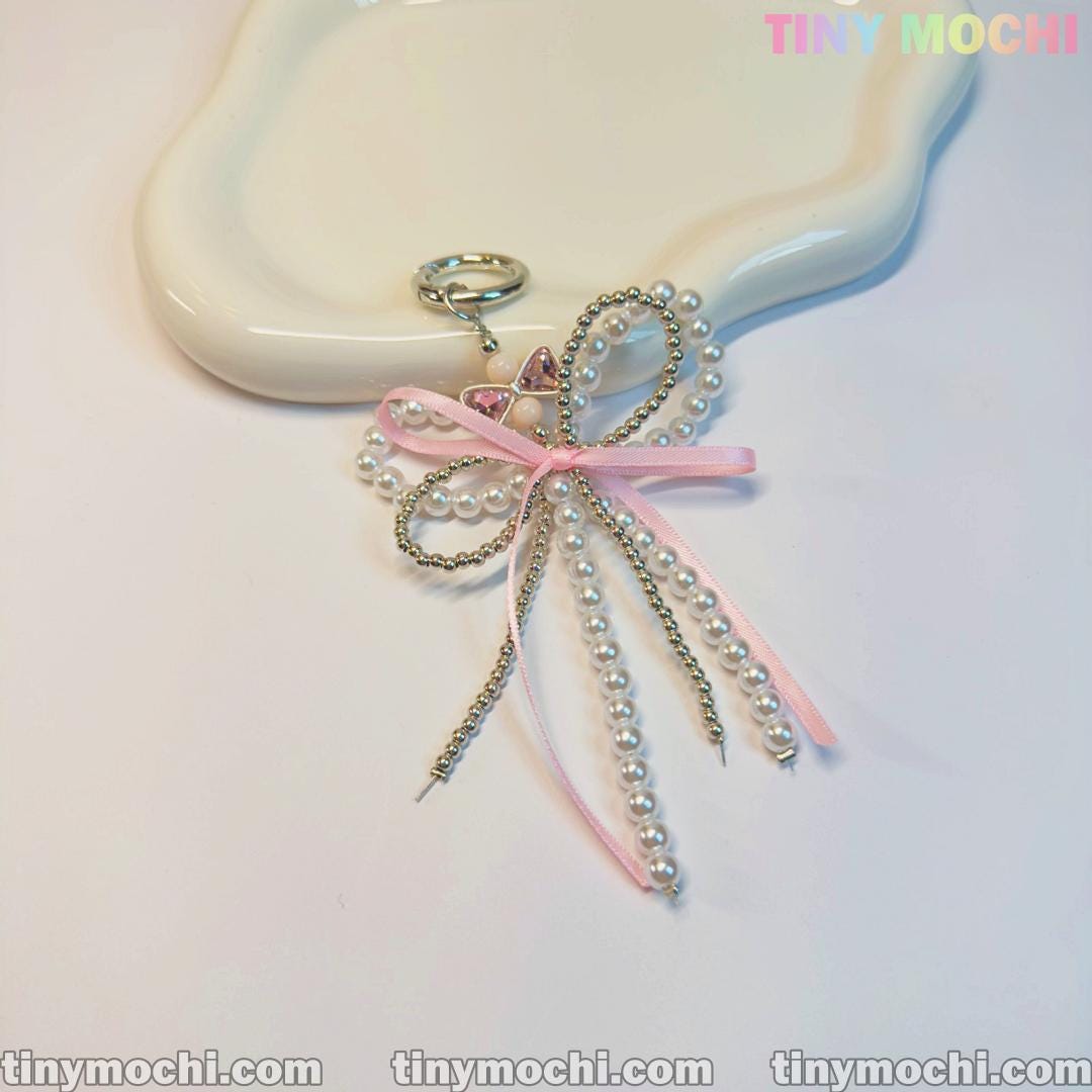 Pearl Bow Bag Charm Beaded Keychain for Purses Backpacks Cute Elegant Accessory Gift - Tiny Mochi