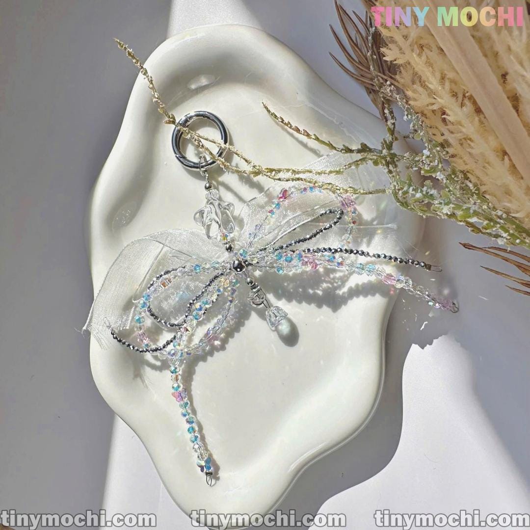 Iridescent Beaded Bow Charm – Handmade Fairycore & Coquette Aesthetic Keychain - Tiny Mochi