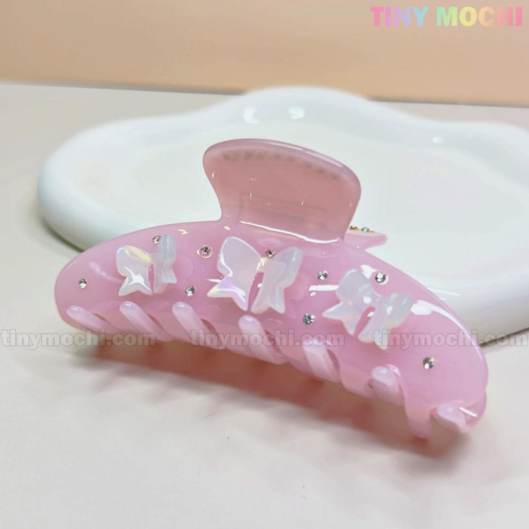 Pink Bow Claw Clip | Cute Hair Accessory | Butterfly Grip | Eco-Friendly Acetate Hair Claw | Kawaii Hair Clip | Rhinestone Claw Clip - Tiny Mochi