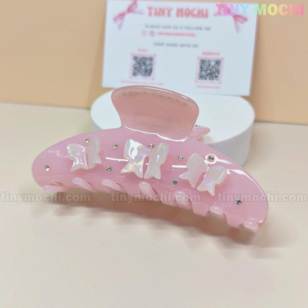 Pink Bow Claw Clip | Cute Hair Accessory | Butterfly Grip | Eco-Friendly Acetate Hair Claw | Kawaii Hair Clip | Rhinestone Claw Clip - Tiny Mochi