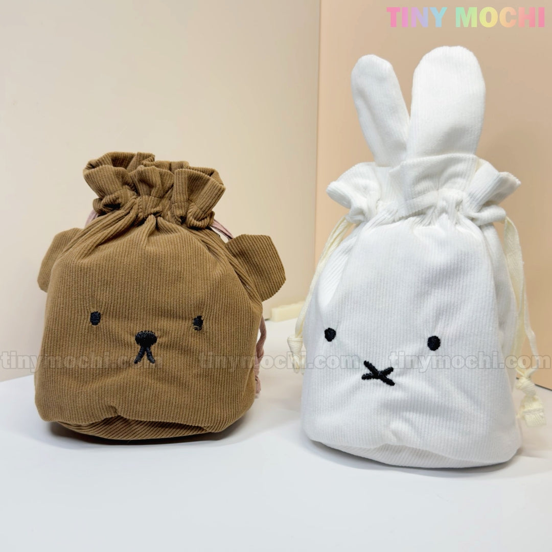 Two Kawaii Bunny & Bear Drawstring Pouches by My Store are shown: one brown with a bear face and ears, the other white with a bunny face and long ears. TINY MOCHI appears in pastel colors at the top right.