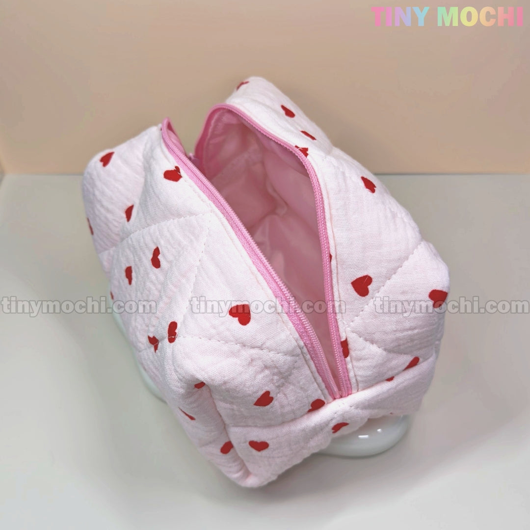 Quilted Heart Pattern Makeup Bag, Beauty Case - Adorable Cosmetic Organizer with Red Heart Details - 6.7" x 5" x 4"