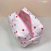 Quilted Heart Pattern Makeup Bag, Beauty Case - Adorable Cosmetic Organizer with Red Heart Details - 6.7" x 5" x 4"