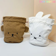 The Kawaii Bunny & Bear Drawstring Pouch – Corduroy Coin Makeup Bag by My Store features two small upright pouches: a brown bear with ears and a white bunny with long ears, both standing against a light background.