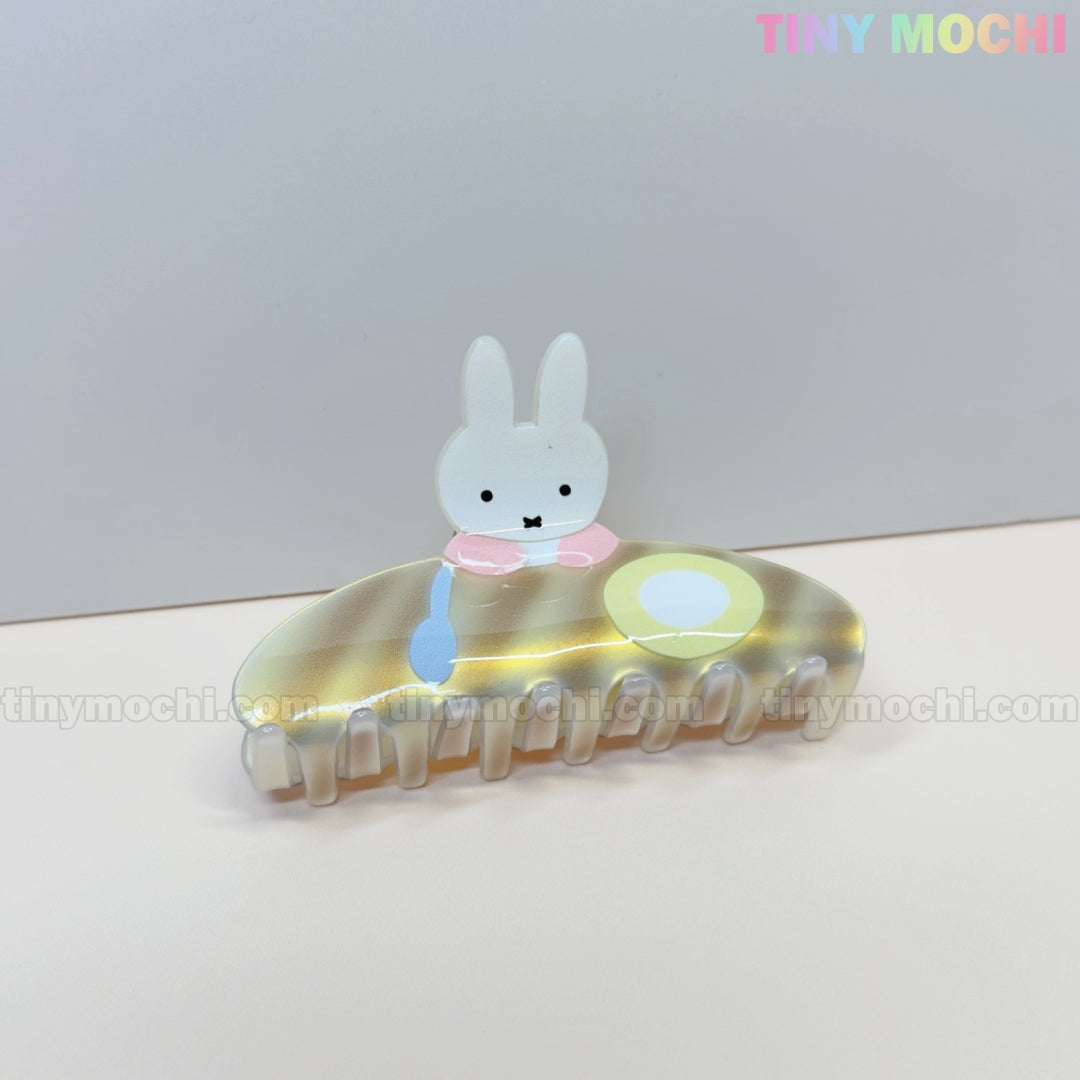 The Kawaii Bunny Breakfast Hair Claw Clip by Tiny Mochi features a cute white bunny with long ears, a pink collar, and pancake and egg details—a playful acrylic hair accessory to brighten any look for women and girls.