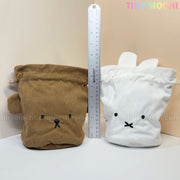 Two My Store Kawaii Bunny & Bear Drawstring Pouches—one brown bear, one white bunny—stand beside a ruler for scale. Made of corduroy, these coin/makeup bags are cute and practical. Product logo shown top right.