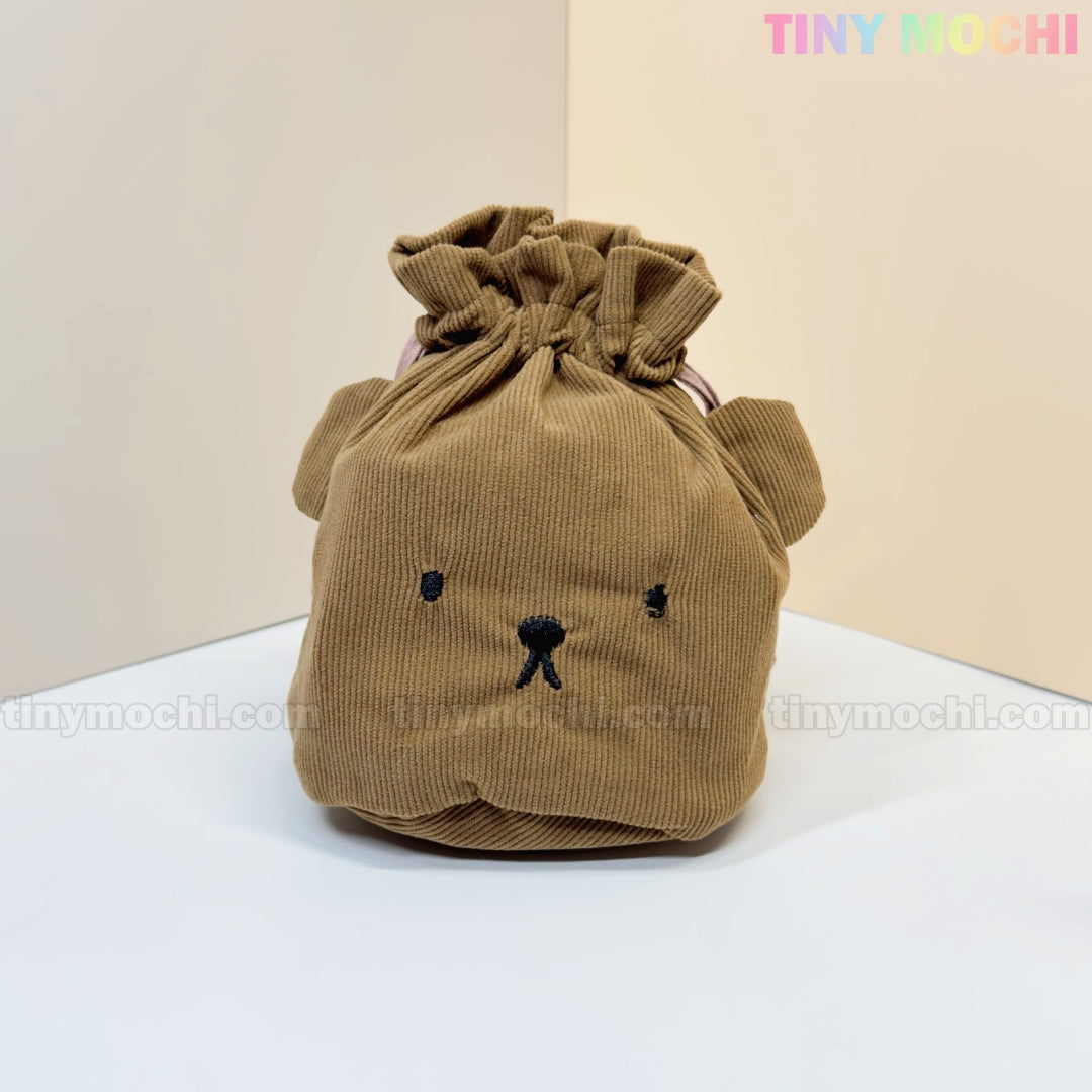 The Kawaii Bunny & Bear Drawstring Pouch from My Store is a corduroy coin and makeup bag shaped like a bear face with cute ears and stitched features, shown on a white surface with TINY MOCHI branding in the corner.
