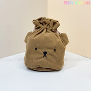 The Kawaii Bunny & Bear Drawstring Pouch from My Store is a corduroy coin and makeup bag shaped like a bear face with cute ears and stitched features, shown on a white surface with TINY MOCHI branding in the corner.