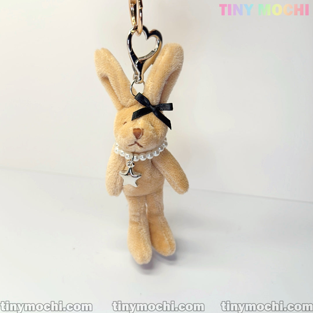 Cute Tall Beige Bunny Keychain with Silver Beads, Star Necklace — Soft Furry Bag Charm, Accessories for Purses, Cute Keychain - Tiny Mochi