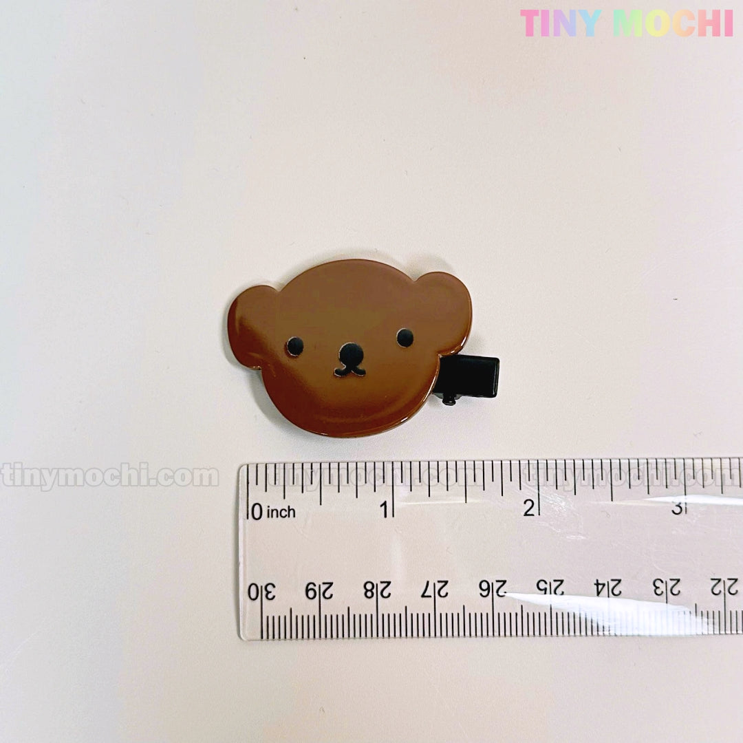 A Kawaii Bunny and Bear Hair Clip from Tiny Mochi is shown next to a clear ruler for scale on a white background, with Tiny Mochi in colorful letters at the top right. Cute cartoon animal snap & alligator clips for girls.
