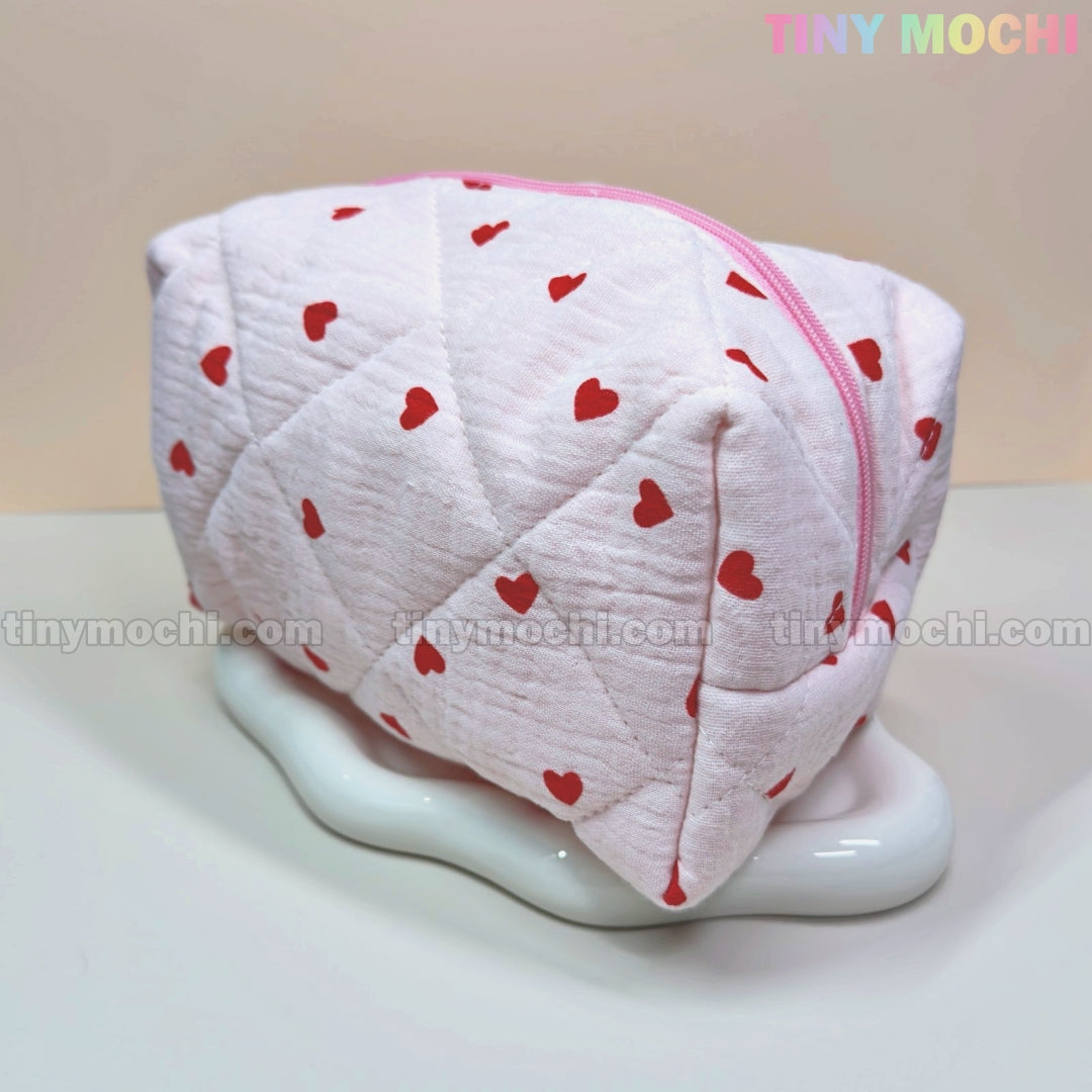 Quilted Heart Pattern Makeup Bag, Beauty Case - Adorable Cosmetic Organizer with Red Heart Details - 6.7" x 5" x 4"