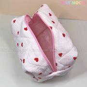 Quilted Heart Pattern Makeup Bag, Beauty Case - Adorable Cosmetic Organizer with Red Heart Details - 6.7" x 5" x 4"