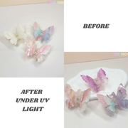 Four Tiny Mochi NEW UV Color-Changing Butterfly Hair Claw Clips—Double Layer Acetate Pastel Accessories—appear pastel in normal light, but reveal vibrant colors under UV. Labels show BEFORE and AFTER UNDER UV LIGHT. Perfect for Fairycore looks!.