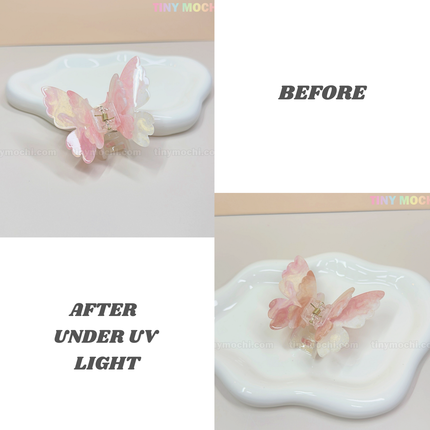 The Tiny Mochi NEW UV Color-Changing Butterfly Hair Claw Clip—Double Layer Acetate Pastel Hair Accessory appears pale pink on a white dish (BEFORE) and glows bright pink and orange under UV light (AFTER), as labeled in the photos.