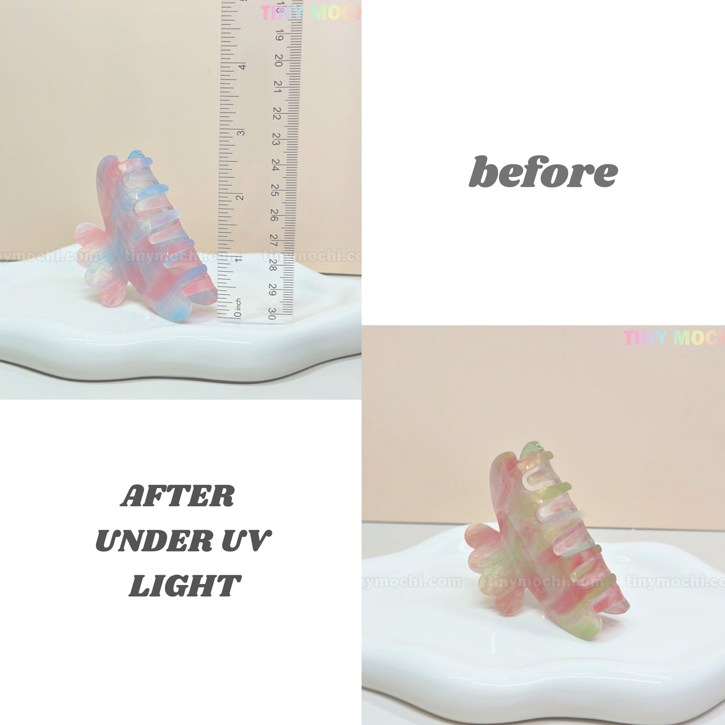 The Tiny Mochi Pastel Hair Claw Clip is a UV-reactive acetate hair accessory for women and girls. Before UV light, it’s translucent pastel; after exposure, it transforms with a fairycore glow of green and pink highlights.