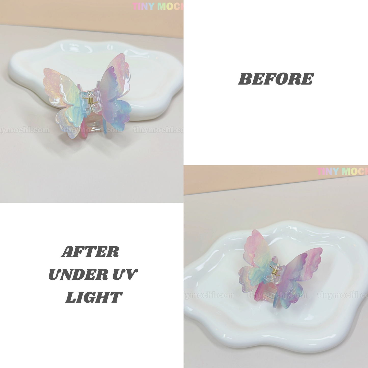 The Tiny Mochi NEW UV Color-Changing Butterfly Hair Claw Clip—Double Layer Acetate Pastel Hair Accessory rests on a white dish, with BEFORE and AFTER UNDER UV LIGHT labels revealing its magical spring-inspired color shift.