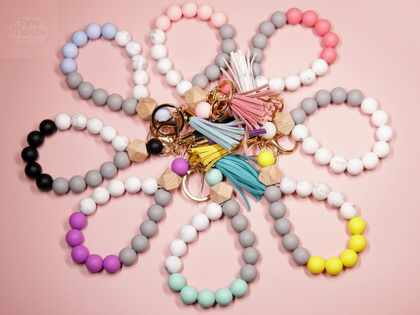 Elastic Silicone Bead Keychain Bracelet Wooden Beads Suede Circle Tassel Wristle - Tiny Mochi