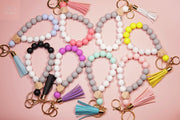 Elastic Silicone Bead Keychain Bracelet Wooden Beads Suede Circle Tassel Wristle - Tiny Mochi