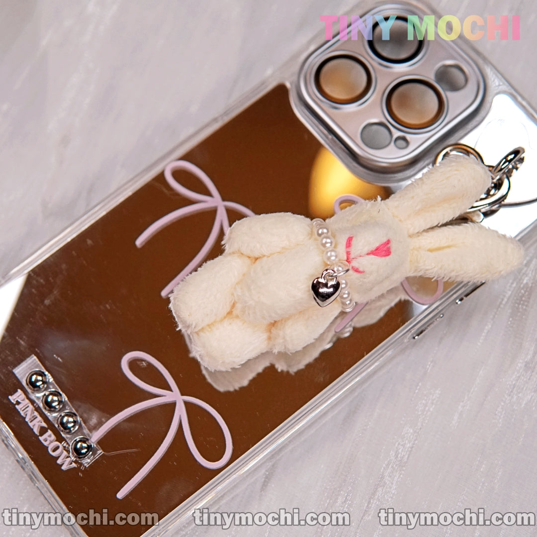 White Bunny Keychain with Heart and Pearl Details on Mirror Phone Case - Stylish Accessory