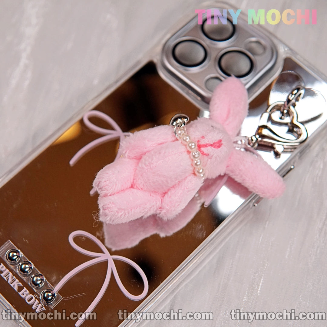 Pink Bunny Keychain with Heart and Pearl Details on Mirror Phone Case - Cute and Trendy Charm