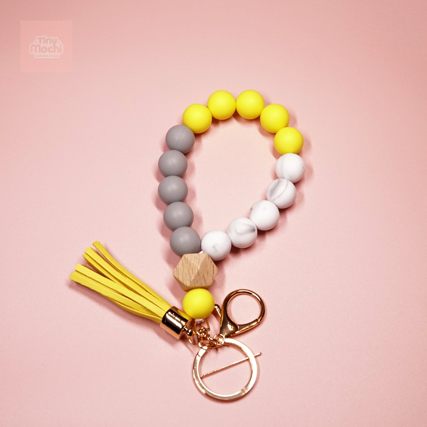 Elastic Silicone Bead Keychain Bracelet Wooden Beads Suede Circle Tassel Wristle - Tiny Mochi