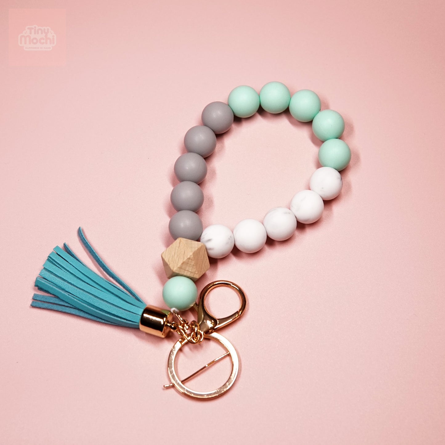 Elastic Silicone Bead Keychain Bracelet Wooden Beads Suede Circle Tassel Wristle - Tiny Mochi