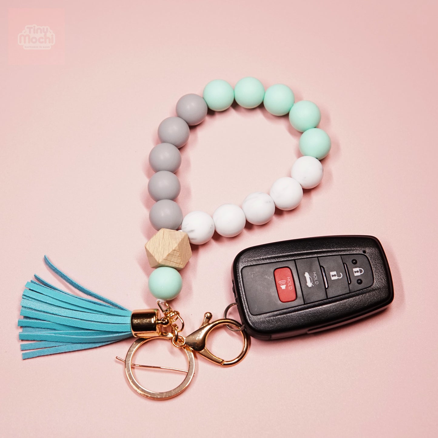 Elastic Silicone Bead Keychain Bracelet Wooden Beads Suede Circle Tassel Wristle - Tiny Mochi