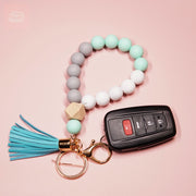 Elastic Silicone Bead Keychain Bracelet Wooden Beads Suede Circle Tassel Wristle - Tiny Mochi