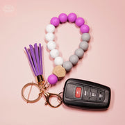 Elastic Silicone Bead Keychain Bracelet Wooden Beads Suede Circle Tassel Wristle - Tiny Mochi