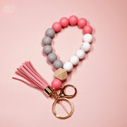 Elastic Silicone Bead Keychain Bracelet Wooden Beads Suede Circle Tassel Wristle - Tiny Mochi