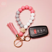 Elastic Silicone Bead Keychain Bracelet Wooden Beads Suede Circle Tassel Wristle - Tiny Mochi