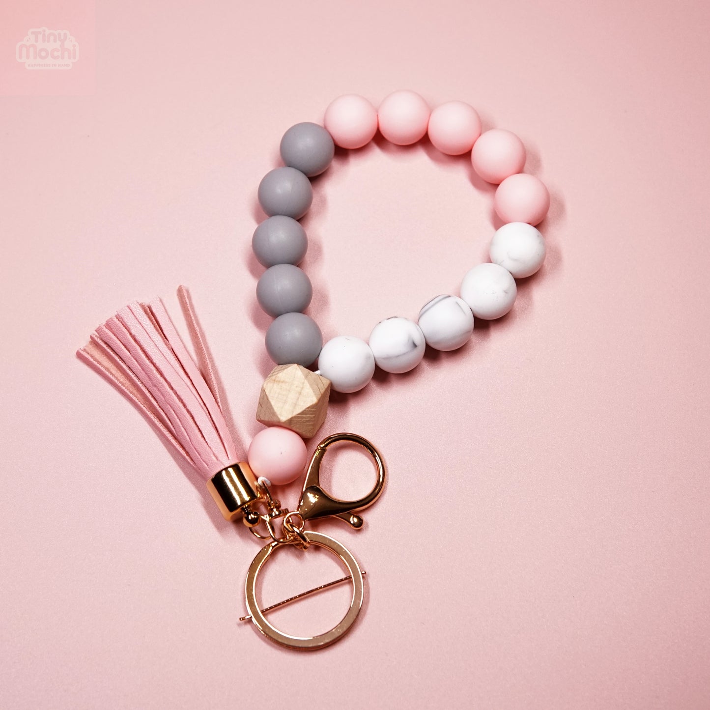 Elastic Silicone Bead Keychain Bracelet Wooden Beads Suede Circle Tassel Wristle - Tiny Mochi