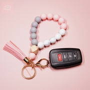 Elastic Silicone Bead Keychain Bracelet Wooden Beads Suede Circle Tassel Wristle - Tiny Mochi