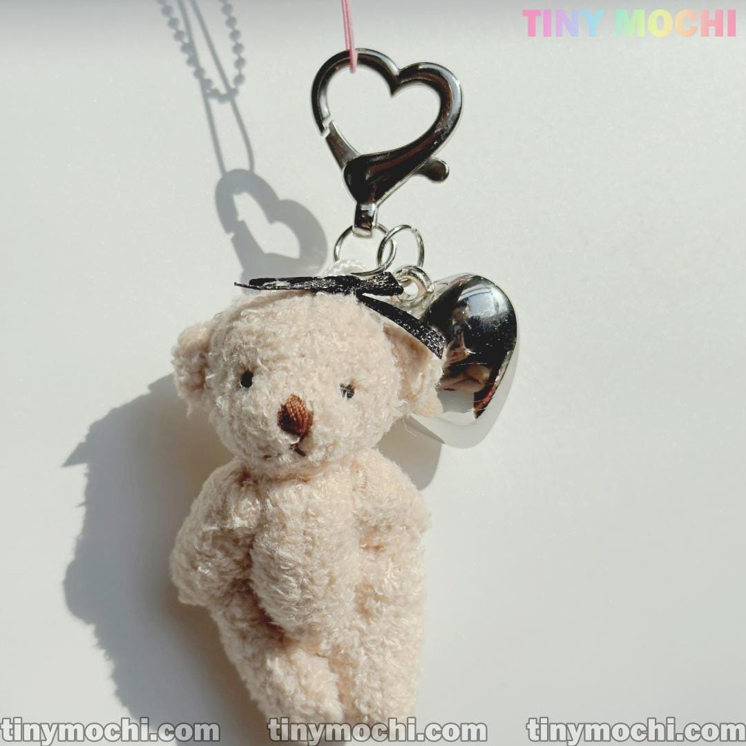 Big Heart and Elegant Plush Bear Keychain – Cute Charm for Phones, Bags & More - Tiny Mochi