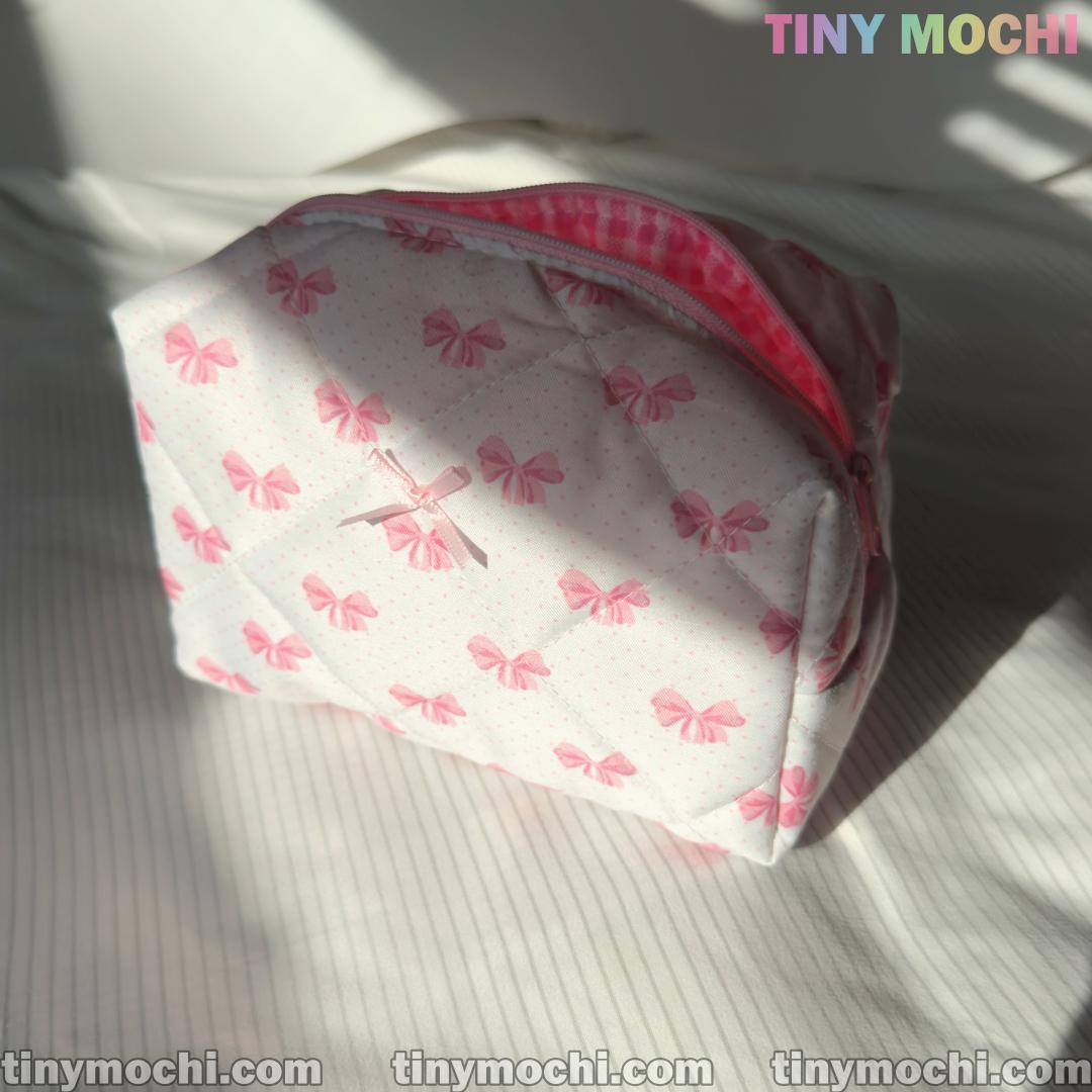 Pink Bow Quilted Makeup Bag, Beauty Case - Adorable Floral Cosmetic Pouch with Large Capacity for Women & Girls - 6.7 " x 4.5"x3.9" - Tiny Mochi