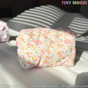 Floral Quilted Cosmetic Bag, Beauty Case - Coquette Quilted Pouch for Travel - 6.7" x 4.5" x 3.9" - Tiny Mochi