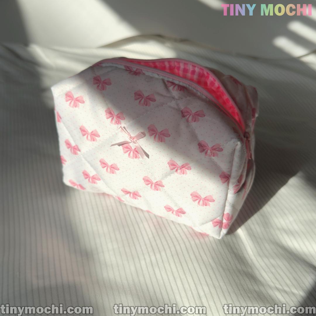 Pink Bow Quilted Makeup Bag, Beauty Case - Adorable Floral Cosmetic Pouch with Large Capacity for Women & Girls - 6.7 " x 4.5"x3.9" - Tiny Mochi