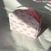 Pink Bow Quilted Makeup Bag, Beauty Case - Adorable Floral Cosmetic Pouch with Large Capacity for Women & Girls - 6.7 " x 4.5"x3.9" - Tiny Mochi