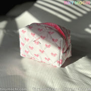 Pink Bow Quilted Makeup Bag, Beauty Case - Adorable Floral Cosmetic Pouch with Large Capacity for Women & Girls - 6.7 " x 4.5"x3.9" - Tiny Mochi