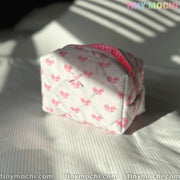 Pink Bow Quilted Makeup Bag, Beauty Case - Adorable Floral Cosmetic Pouch with Large Capacity for Women & Girls - 6.7 " x 4.5"x3.9" - Tiny Mochi