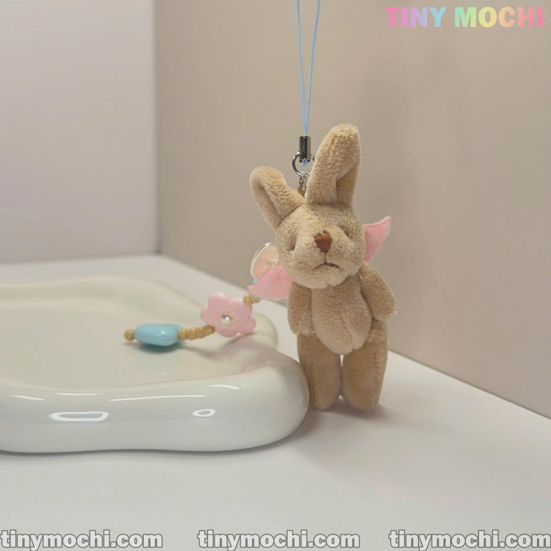 Cute Pink Wings and Elegant Beige Soft Bunny Keychain with extra Heart | Flower beads – Lovely Charm for Mobile Devices, Handbags & More - Tiny Mochi