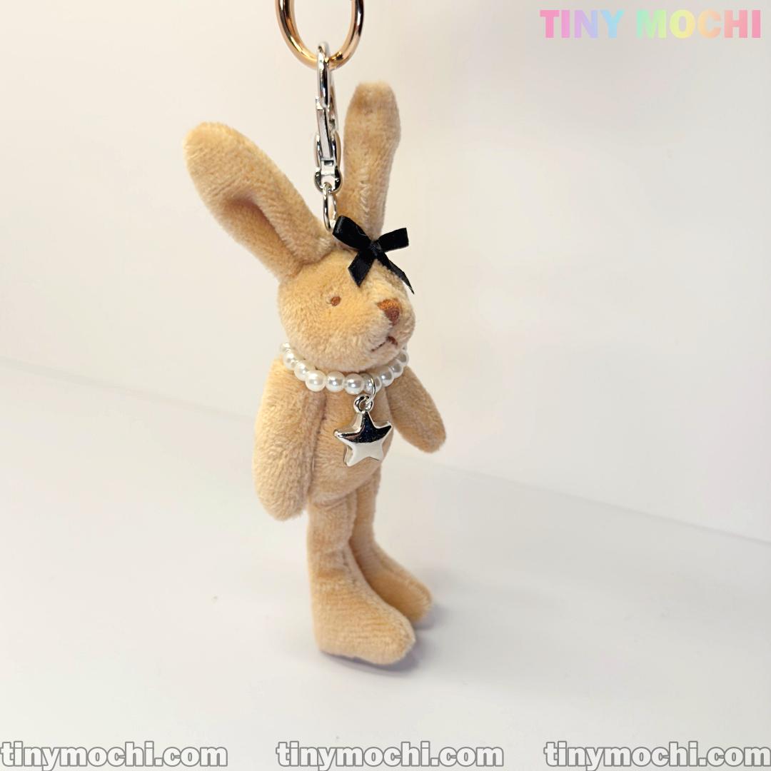 Cute Tall Beige Bunny Keychain with Silver Beads, Star Necklace — Soft Furry Bag Charm, Accessories for Purses, Cute Keychain - Tiny Mochi