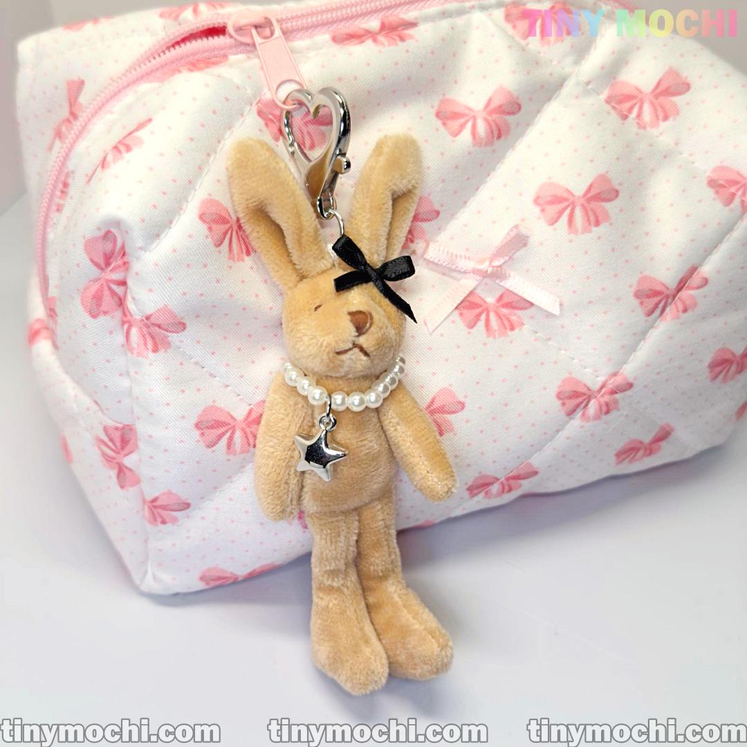 Cute Tall Beige Bunny Keychain with Silver Beads, Star Necklace — Soft Furry Bag Charm, Accessories for Purses, Cute Keychain - Tiny Mochi