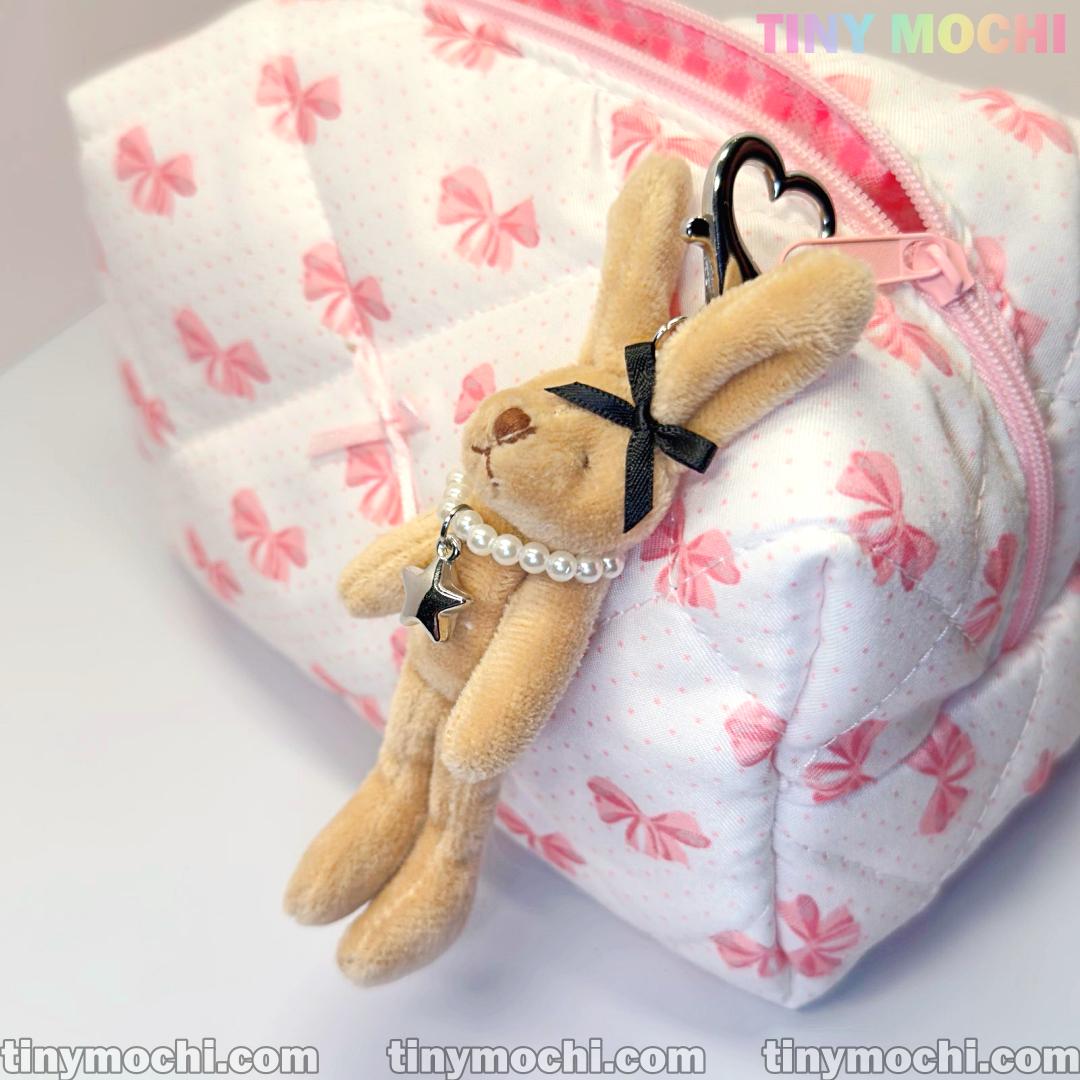 Cute Tall Beige Bunny Keychain with Silver Beads, Star Necklace — Soft Furry Bag Charm, Accessories for Purses, Cute Keychain - Tiny Mochi